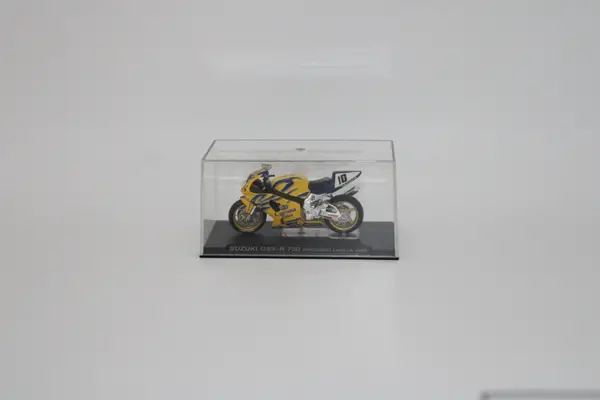 Deagostini yellow and blue Suzuki GSX-R 750 Gregorio Lavilla 2002 for sale on a stand.