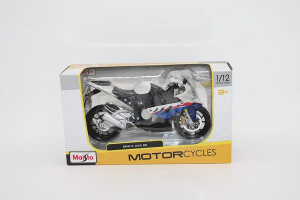 New Maisto blue, white and red BMW S 1000 RR diecast motorcycle in original packaging for sale.