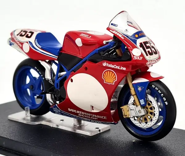 Deagostini red, blue and white Ducati No. 155 Ben Bostrom diecast motorcycle model.