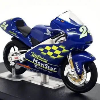 Deagostini blue Honda RS 125R Toni Elias 2001 No. 24 diecast motorcycle for sale on a stand.