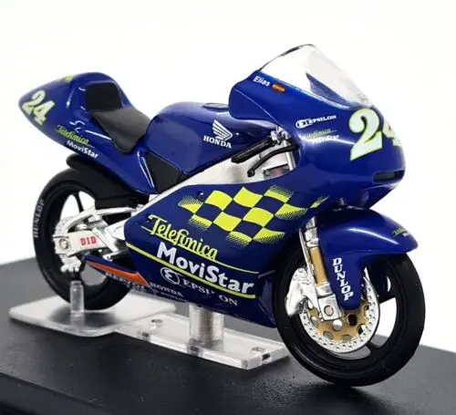 Deagostini blue Honda RS 125R Toni Elias 2001 No. 24 diecast motorcycle for sale on a stand.