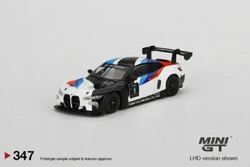 MINI GT3 black, white, blue and red BMW M4 2021 Presentation diecast model car prototype.
