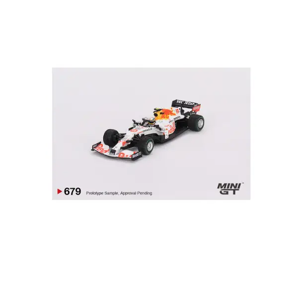 The Mini GT 1:64 scale model of the Red Bull RB16B #11, driven by Sergio Pérez at the 2021 Turkish Grand Prix where he secured 3rd place, is a detailed die-cast replica featuring authentic design elements, real rubber tires, and a die-cast metal body and chassis